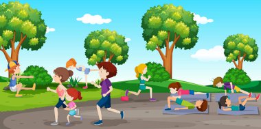 İnsanlar exericing park resimde