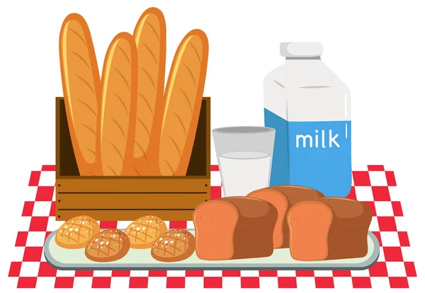 Brot Und Milch Set Illustration — Stockvektor