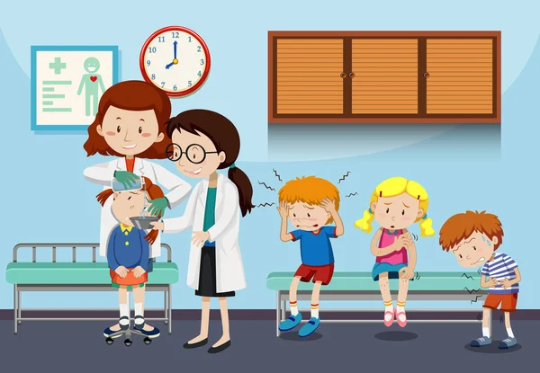Médicos Ajudando Crianças Feridas Ilustração —  Vetores de Stock