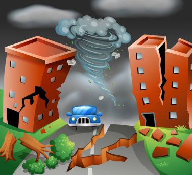 Tornado diaster town scene  illustration clipart