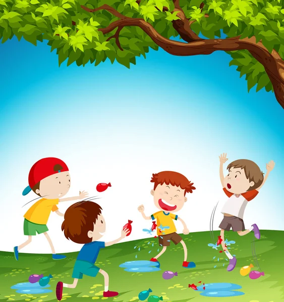 Crianças Brincando Com Ilustração Balão Água — Vetor de Stock