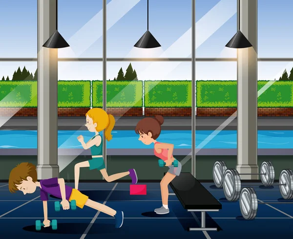 Les Gens Font Exercice Dans Salle Gym Illustration — Image vectorielle