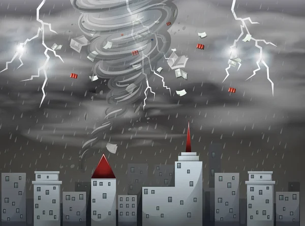 Paysage Urbain Tornade Tempête Scène Illustration — Image vectorielle