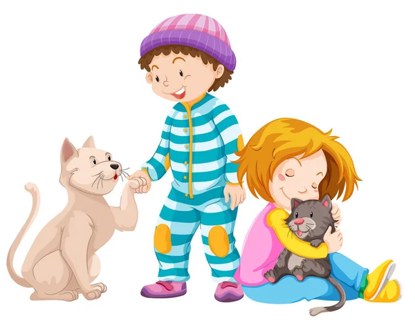 Illustration Enfants Avec Chats Compagnie — Image vectorielle