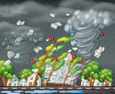 Destructive tornado city scene illustration clipart