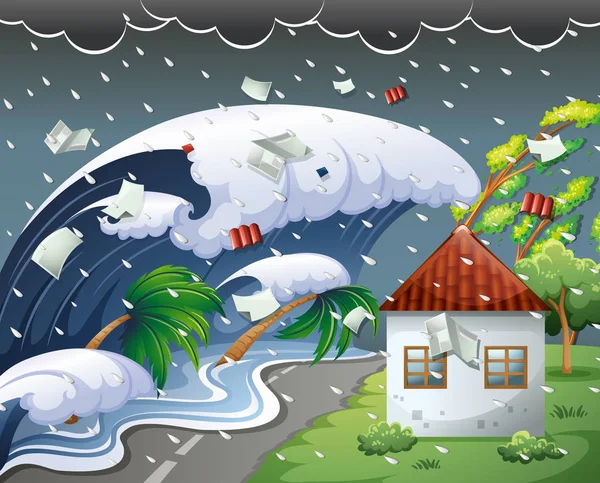 海啸袭击海滩度假村插图 — 图库矢量图片