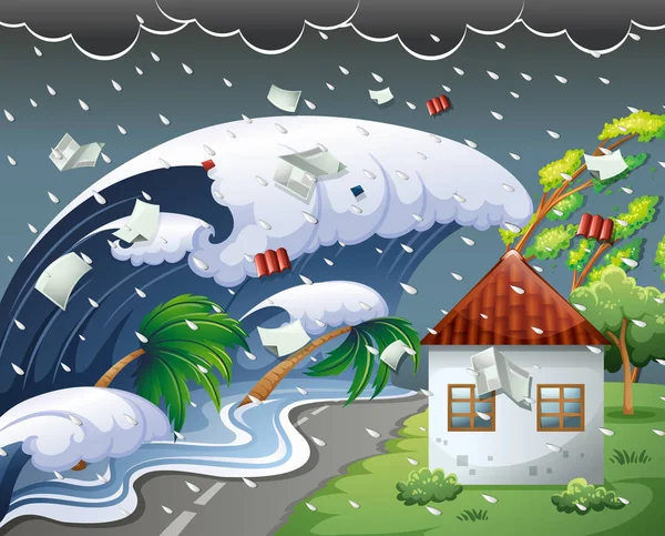 Tsunami Golpeó Playa Resort Ilustración — Vector de stock