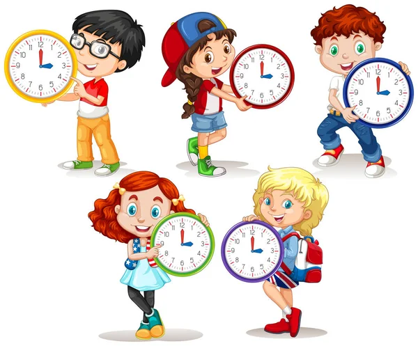 Children holding clock on white background illustration