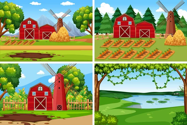 Set Van Landbouwgrond Landschap Illustratie — Stockvector