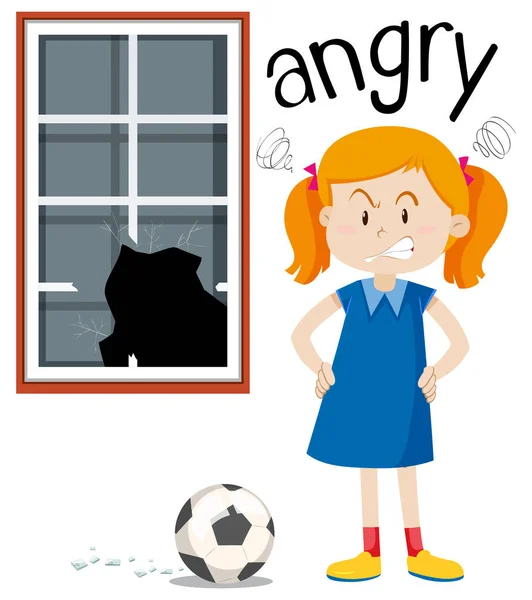 Angry girl with broken window illustration