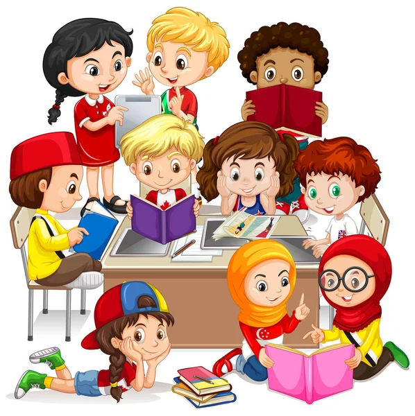 Ομάδα Διεθνών Παιδιών Μάθηση Εικονογράφηση — Διανυσματικό Αρχείο