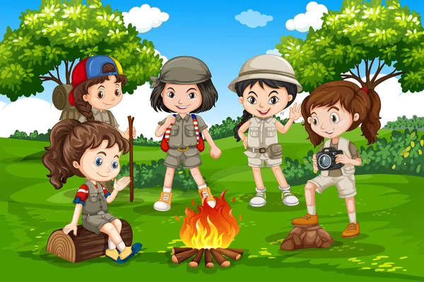 Camping children in nature illustration