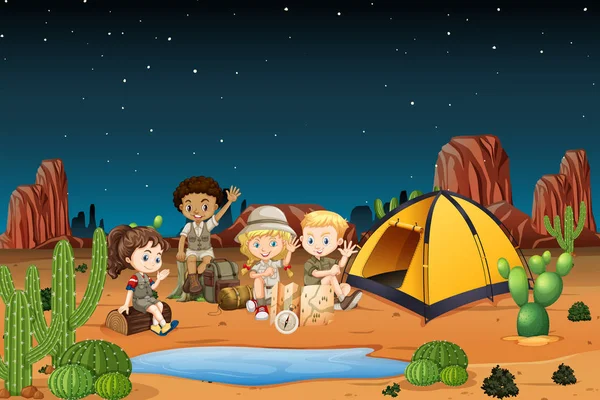 Nachts Kinder Der Wüste Campen Illustration — Stockvektor