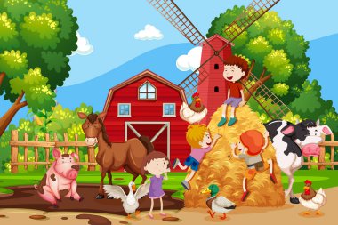 Çocuklar ve hayvanlar illüstrasyon ile çiftlik sahne