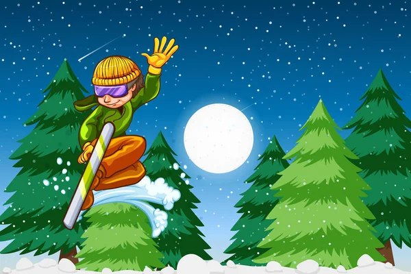 Boy Snowboarding Night Time Scene Illustration — Stock Vector