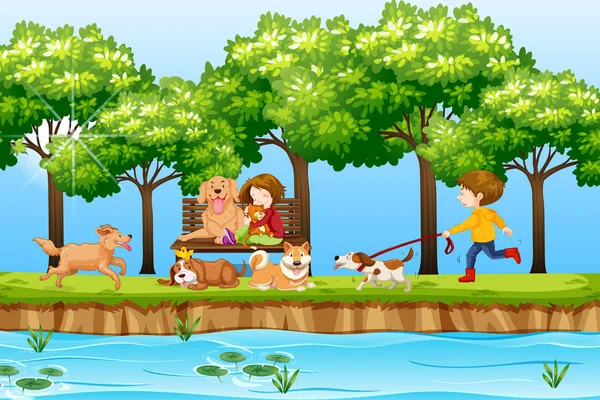 Children Dogs Park Illustration — Stock Vector