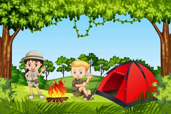 Two children camping in the woods illustration