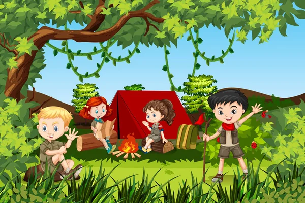 Canping Bambini Alla Foresta Illustrazione — Vettoriale Stock