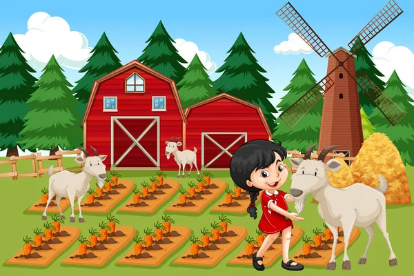 Flicka Jordbruksmark Illustration — Stock vektor