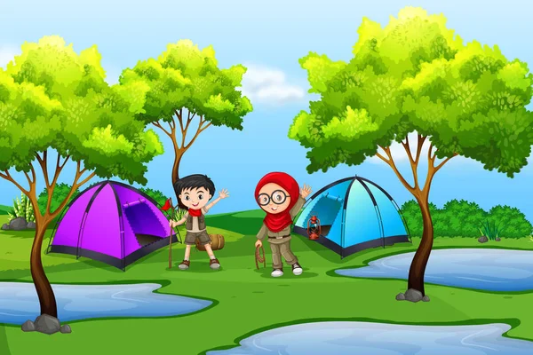 Boy Girl Scout Camping Natureza Ilustração — Vetor de Stock