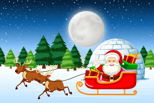 Santa Riding Sleigh Night Illustration — Stock Vector