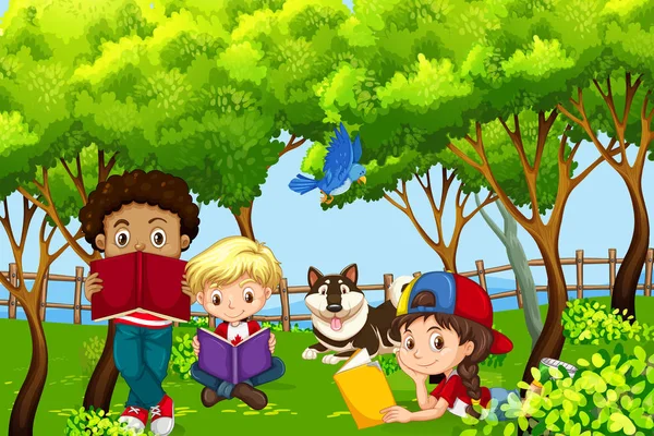 Crianças Internacionais Crianças Lendo Parque Ilustração — Vetor de Stock