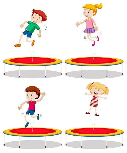 Conjunto Niños Jugando Trampolín Ilustración — Vector de stock