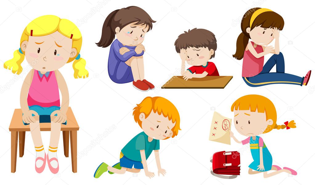Set of depressed children illustration
