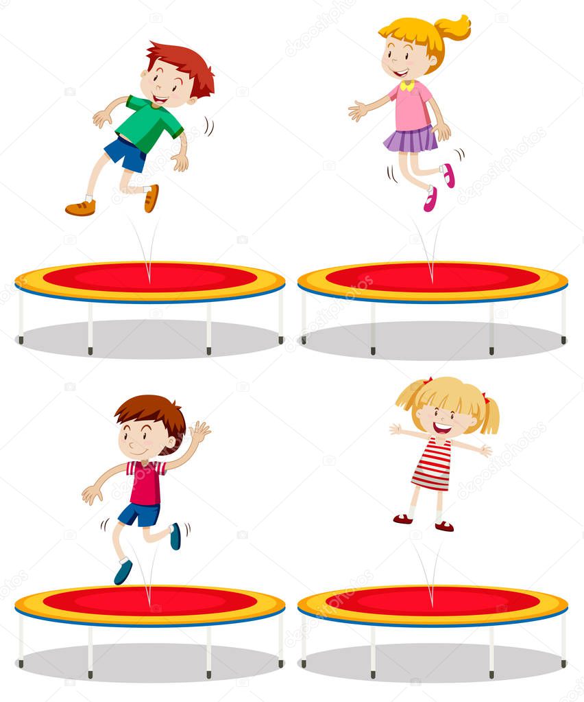 Set of children playing trampoline illustration