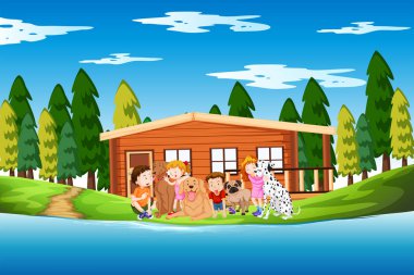 Çocuklar ve köpekler Gölü sahne illüstrasyon