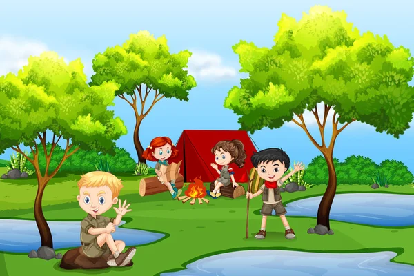 Camping Bambini Nella Foresta Illustrazione — Vettoriale Stock