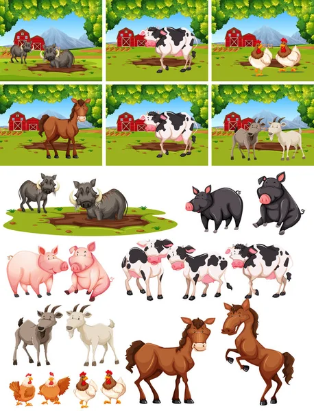 Set Van Dieren Boerderij Illustratie — Stockvector