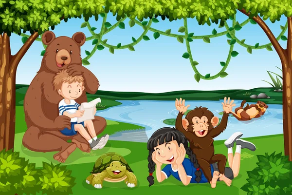 Crianças Com Animais Selvagens Cena Ilustração — Vetor de Stock