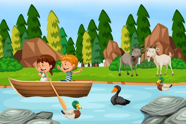 Enfants Sur Bateau Bois Illustration — Image vectorielle