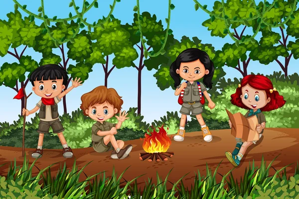 Barn Camping Skogen Illustration — Stock vektor