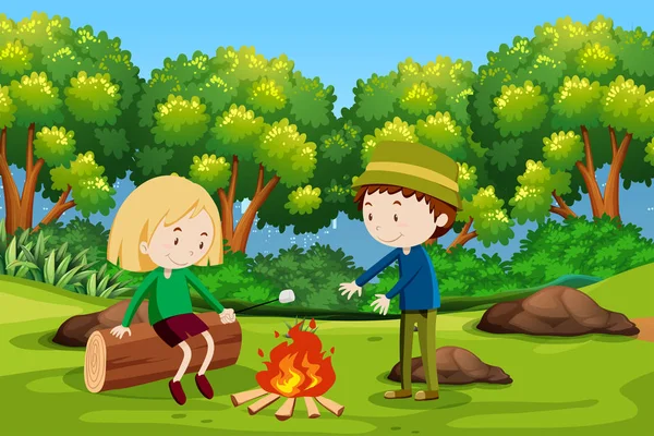 Boy and girl camping at forest illustration