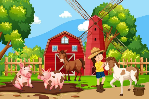 Girl Nature Farm Illustration — Stock Vector