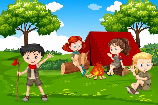 自然イラストでのキャンプの子供たち — ストックベクタ