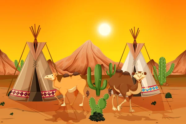 Camels Teepee Desert Illustration — Stock Vector