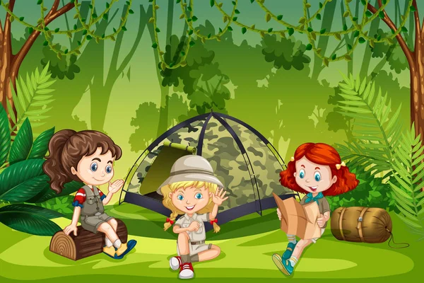 Girl Scouts Camping Buitenshuis Illustratie — Stockvector