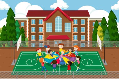 Bir paraşüt illüstrasyon ile oynarken Chidlren