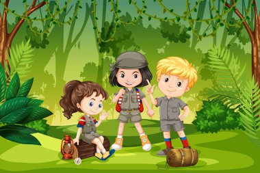 Three scout kids in the jungle illustration clipart