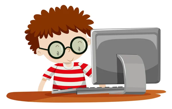 Мальчик Использующий Компьютерную Иллюстрацию — стоковый вектор