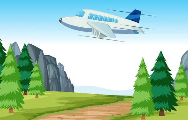 森の中の図の上を飛んで飛行機 — ストックベクタ