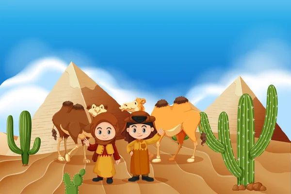 Children and camels in the desert illustration
