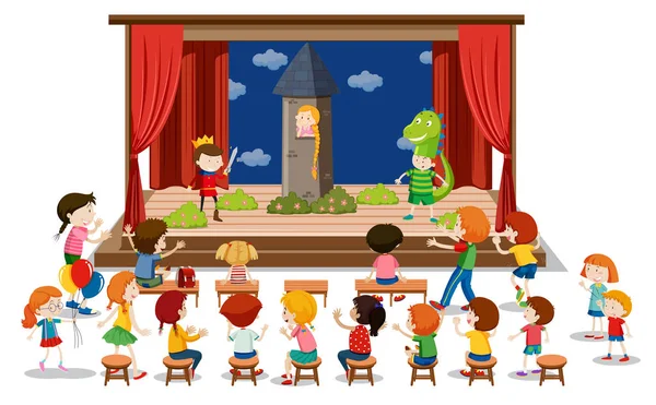 Παιδιά Παίζουν Δράμα Στη Σκηνή Εικονογράφηση — Διανυσματικό Αρχείο