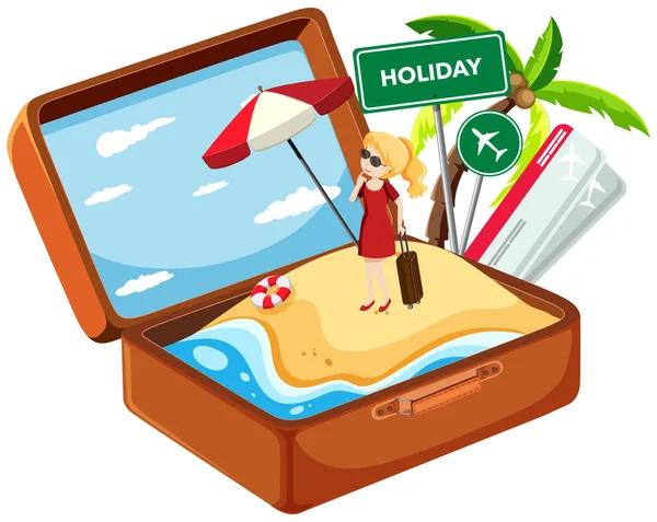 Fille Vacances Dans Valise Illustration — Image vectorielle