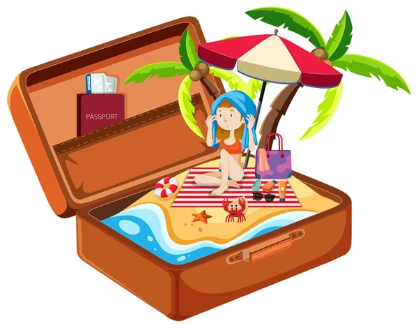 Fille Sur Plage Dans Illustration Bagages — Image vectorielle