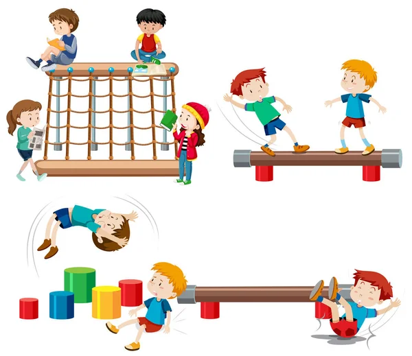 Conjunto Crianças Brincando Ilustração Equipamentos Playground — Vetor de Stock