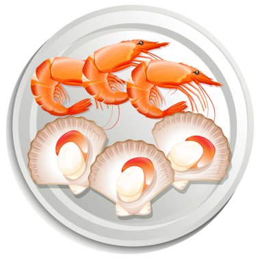 Prawns and scallops on plate illustration clipart